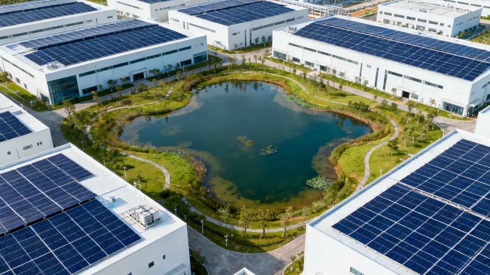 珠海金湾零碳产业园区全景，白色现代厂房顶部覆盖着深蓝色光伏板，园区中央是人工湿地景观湖。